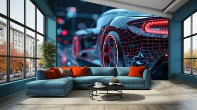 A futuristic car with a red wheel and a black body. The car is surrounded by a glowing, abstract background Wall mural