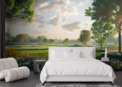 A lush green field with a few trees and flowers. The sky is cloudy and the sun is shining through the clouds Wall mural