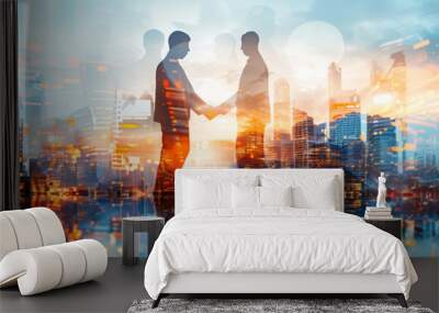 A man and a woman shake hands in front of a city skyline. Concept of professionalism and collaboration, as the two individuals are likely business partners or colleagues Wall mural