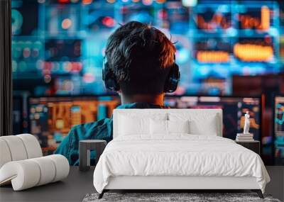 A man is sitting in front of a computer monitor with a headset on. He is wearing a black shirt and he is focused on the screen. The room is filled with computer monitors Wall mural