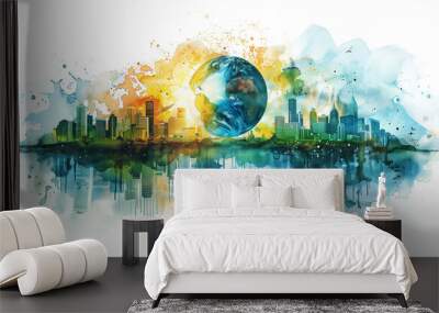 A painting of a city with a large blue circle in the middle Wall mural