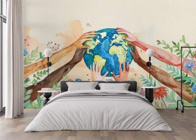 A painting of a group of people holding hands around a globe. The painting conveys the idea of unity and the importance of working together to protect the planet Wall mural