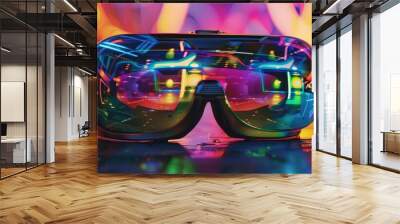 A pair of virtual reality goggles with a colorful background. The goggles are on a table and the background is a neon light Wall mural