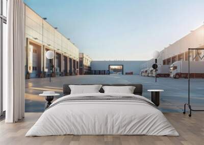 A panoramic view of a modern industrial warehouse with multiple loading docks and trucks parked, captured at sunset. Wall mural