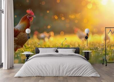 A rooster and several chickens roam a sunlit field with a beautiful bokeh background during sunrise, capturing the essence of rural life. Wall mural