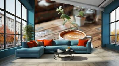 A warm and inviting coffee shop interior featuring a cup of cappuccino on a rustic wooden table, surrounded by potted plants and natural light. Wall mural