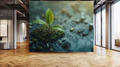 A young plant sprouts from a circuit board, symbolizing the fusion of nature and technology and the concept of green technology. Wall mural