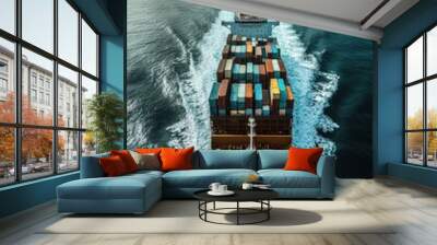 Aerial View of a Large Cargo Ship Transporting Containers Across the Ocean Under Dramatic Sky Wall mural