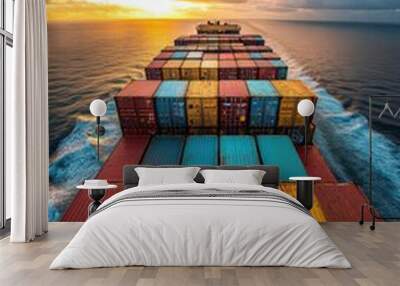 Aerial View of Vibrant Cargo Containers on a Ship at Sea During a Stunning Sunset with Dramatic Clouds and Golden Light Wall mural