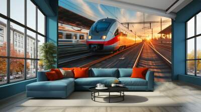 Beautiful railway station with modern high speed commuter train with motion blur effect with sunset, Transporation concept, Ai generated Wall mural