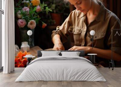 Caucasian young woman dressmaker sews clothes on the table Wall mural