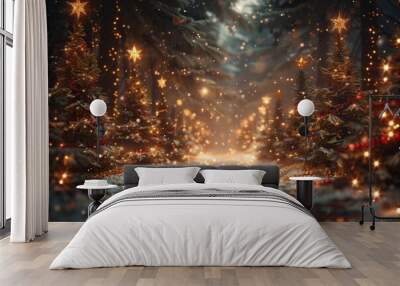 Christmas scene with a path of lights leading to a row of trees Wall mural