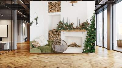 Christmas tree with gifts in the house. Scandinavian interior of the room. Fireplace with gifts in the house. New Year's cozy living room interior Wall mural