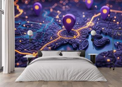 City map with four purple markers pin, geo tag on it Wall mural