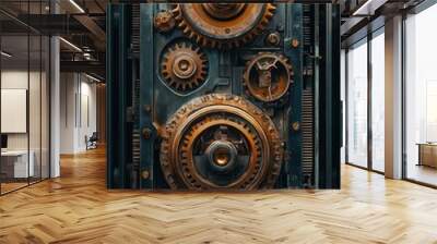 Close-Up of Intricate Industrial Gears and Mechanisms in a Vintage Machine Wall mural