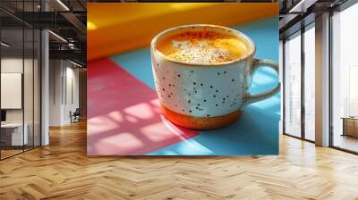 Coffee cappuccino cup on a blue and pink background at pop art style Wall mural