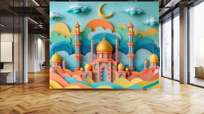 Colorful paper drawing of a city with a large golden dome on top of a mosque Wall mural