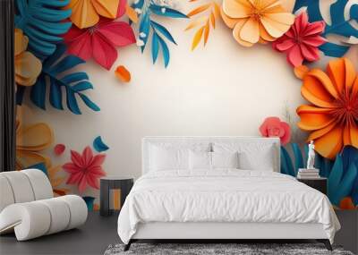 Colorful Paper Flower Frame with Tropical Leaves on White Background - Vibrant Floral Border Design for Creative Projects Wall mural