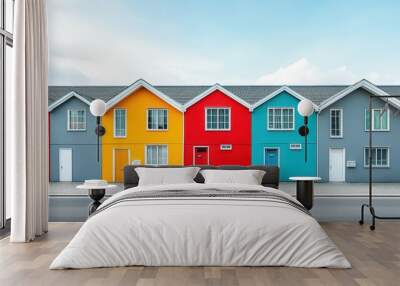 Colorful Row of Modern Houses with Vibrant Facades and Clear Sky in the Background Wall mural