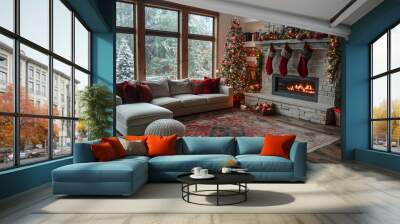 Cozy living room with fireplace, couch and Christmas tree, decorated with red and white accents. The atmosphere is warm and inviting Wall mural