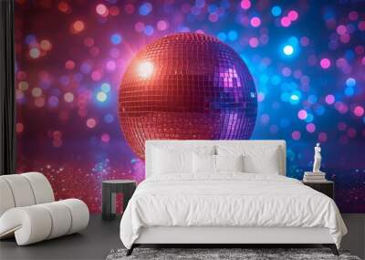 Disco ball is sitting on a shiny surface with a lot of sparkles. Scene is fun and energetic Wall mural