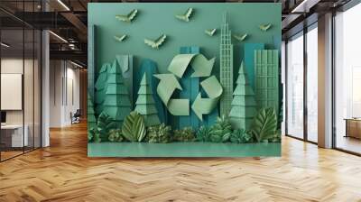 Eco-friendly cityscape with green buildings, trees, and recycle symbol in paper art style, promoting sustainability and environmental conservation. Wall mural