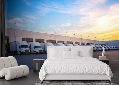 Fleet of White Semi-Trucks Parked in Front of a Large Warehouse at Sunset Wall mural