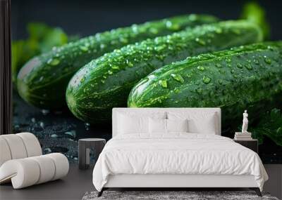 Fresh Green Cucumbers with Water Droplets on Dark Background with Parsley Leaves Wall mural