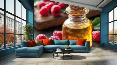 Fresh Raspberries and Essential Oil Bottle on Rustic Wooden Table with Green Leaves in Background Wall mural