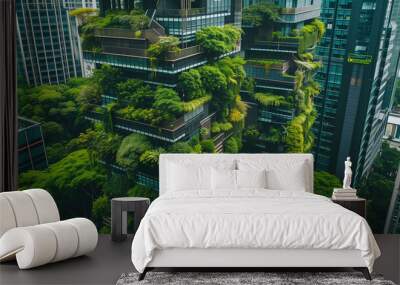 Futuristic green skyscrapers with abundant vertical gardens in an urban skyline, embodying sustainable architecture. Wall mural