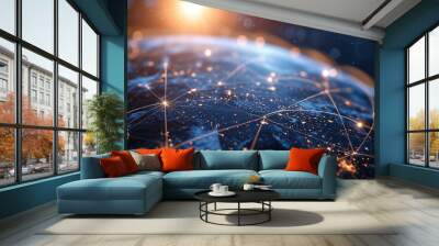 Global network connection covering the earth with lines of innovative perception, Concept of 5G wireless digital connection and future in the internet of things, Ai generated. Wall mural