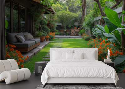 Green lawn with a path leading through it and a patio with a bench and chairs Wall mural