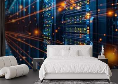 Illuminated Modern Server Room with Rows of Servers Representing Data Storage and Digital Infrastructure. Wall mural