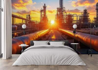 Industrial Oil Refinery at Sunset with Dramatic Sky and Pipeline Infrastructure Wall mural