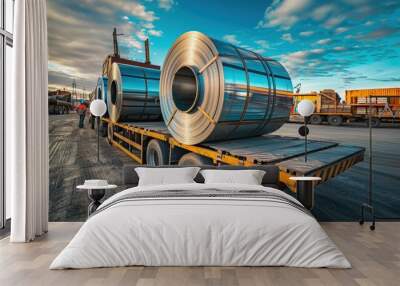 Large rolls of shiny steel on a flatbed truck in an industrial area under a blue sky with clouds. Wall mural