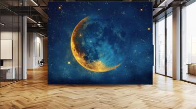 Large yellow and blue moon is surrounded by stars in the night sky. The moon is the main focus of the image, and the stars are scattered around it, creating a sense of depth and vastness Wall mural