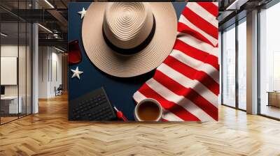 National flag, keyboard, tea cup and straw hat on red background background. A card for the Independence Day of the USA Wall mural