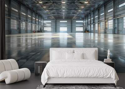 Panoramic view of a large, empty industrial warehouse with polished concrete floors, high ceilings, and large windows letting in natural light. Wall mural