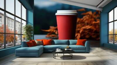 Paper cup mockup with copy space on autumn mountain landscape background Wall mural