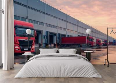 Red trucks at a modern logistics center's loading docks during sunset, with reflective wet pavement and a dramatic sky. Wall mural