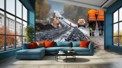 Road Construction Workers in High-Visibility Gear on a Highway Project During Autumn Wall mural