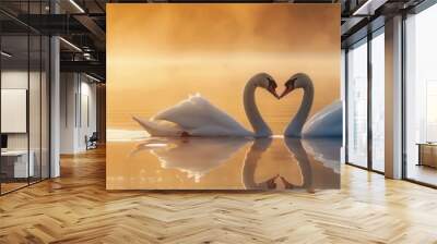 Romantic Sunrise with Two Swans Forming a Heart Shape on a Misty Lake Wall mural