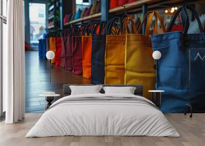 Row of colorful shopping bags are lined up on wooden floor. Concept of organization and order Wall mural