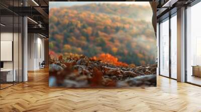 Runner on Scenic Forest Trail in Autumn with Vibrant Fall Foliage and Sunlight Wall mural