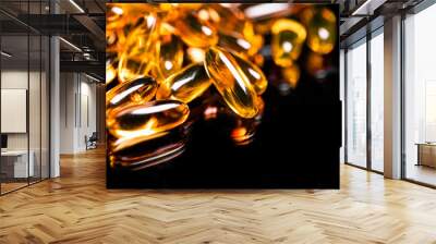 Close up of Omega 3 gel capsule on a reflective black background Wall mural