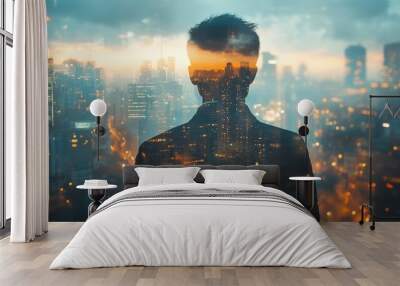 Silhouette of a Man Overlooking a Modern Cityscape with Illuminated Buildings at Dusk Wall mural