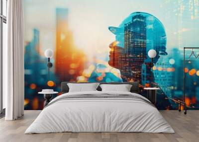 Silhouette of Engineer with Helmet Overlaid on Modern Cityscape at Sunset with Bokeh Lights Wall mural