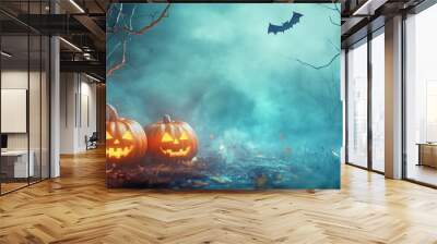 Spooky Halloween Night with Glowing Jack-o'-Lanterns and Flying Bat in Foggy Forest Wall mural