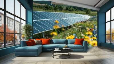 Sustainable Energy Harvesting: Solar Panels and Wind Turbine Farm in Serene Nature Setting Wall mural