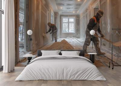 Two men are working in a room with a lot of construction debris Wall mural